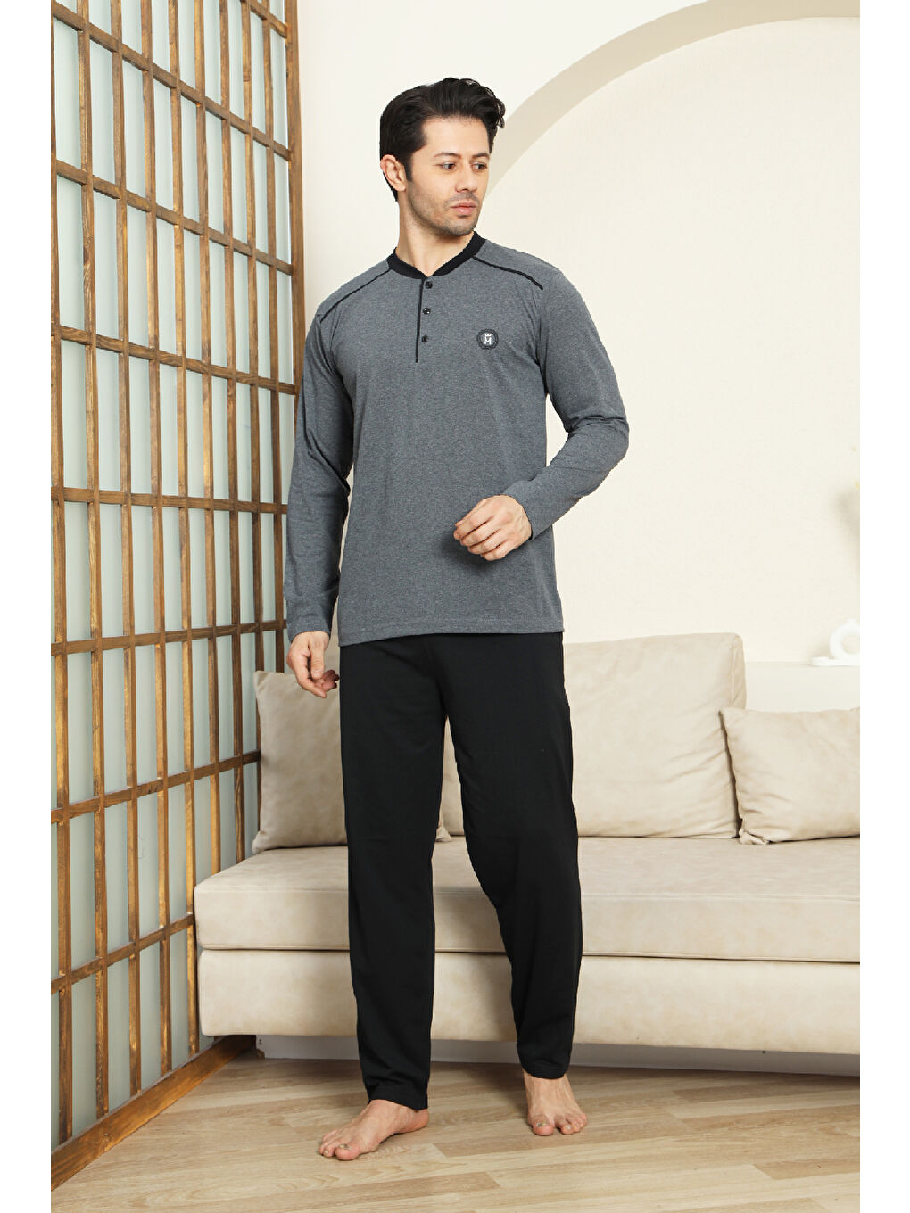 Gri Erkek %100 Pamuklu Pijama Takımı-3 Düğmeli-12440