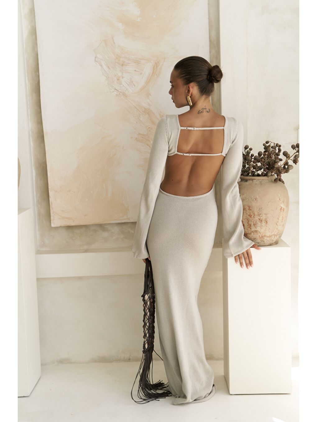 Bej Nadias Pencere Detay Taş Triko Uzun Elbise-4