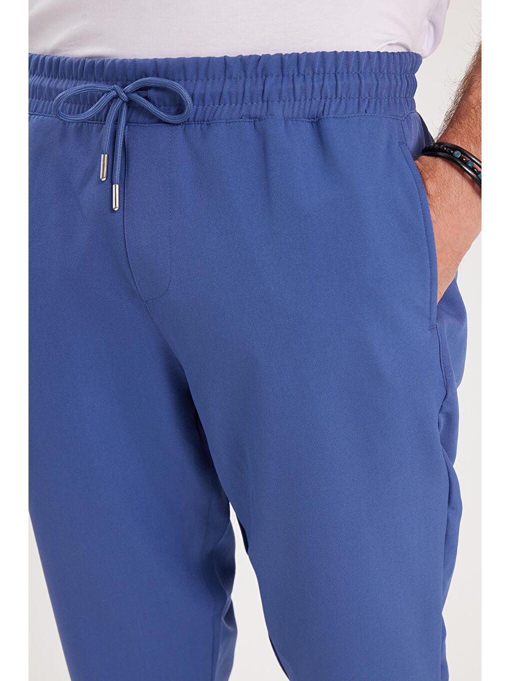 Erkek Regular Fit Beli Lastikli Bağcıklı Jogger İndigo Pantolon Rahat Kesim Yan Cepli-2
