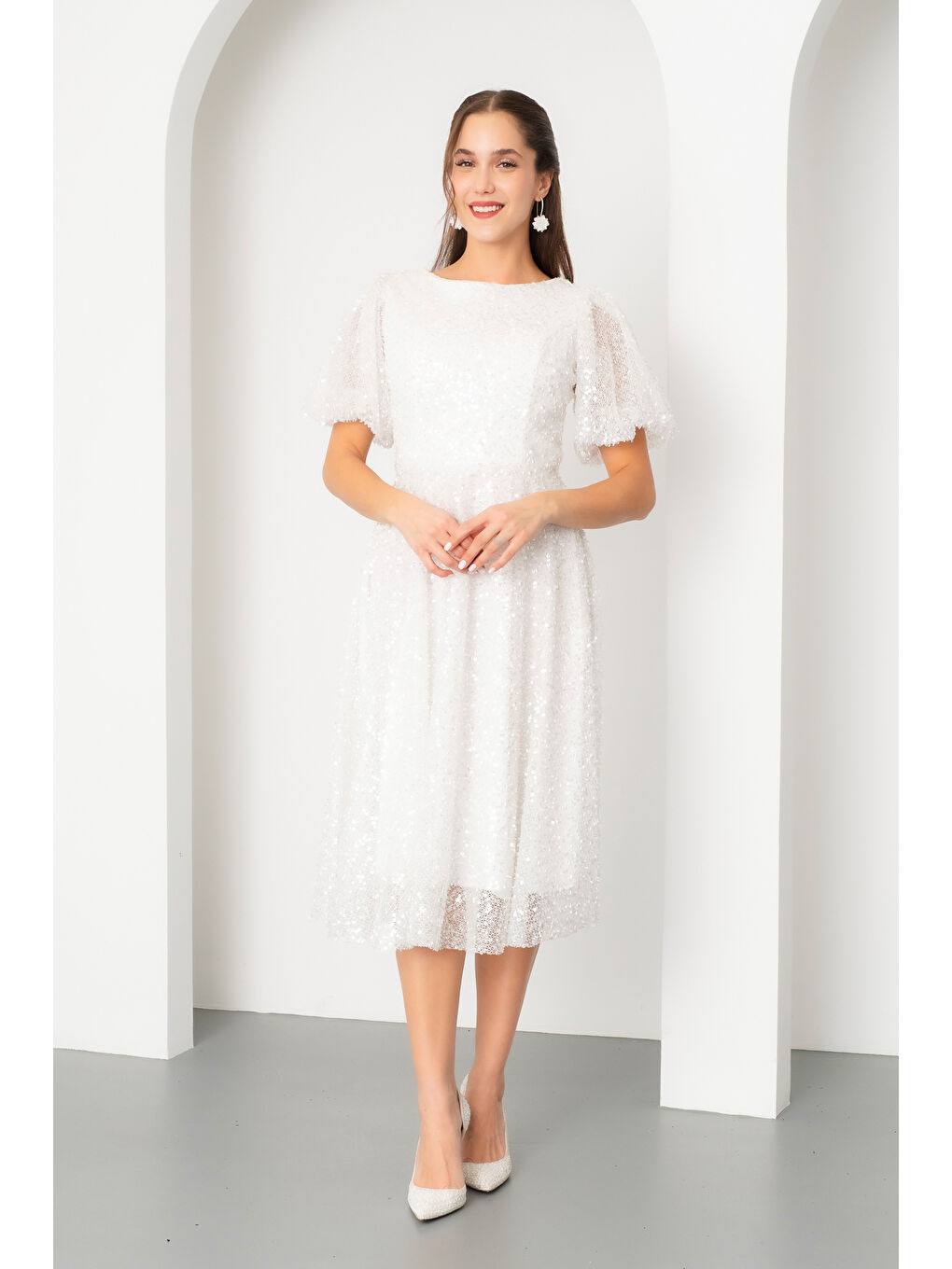 Kadın Beyaz Balon Kol Pul Payet Midi Abiye Elbise-1