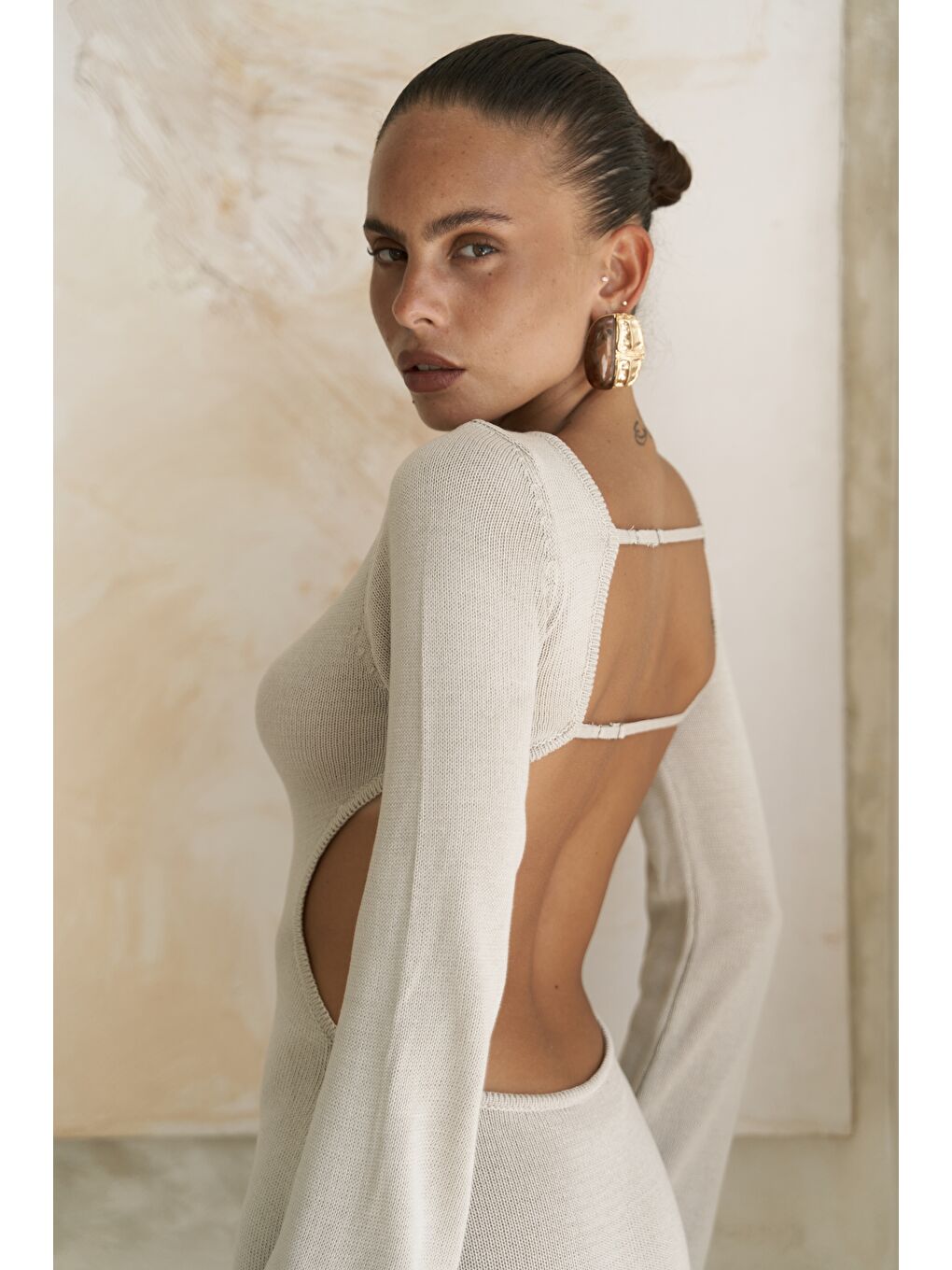 Bej Nadias Pencere Detay Taş Triko Uzun Elbise-5