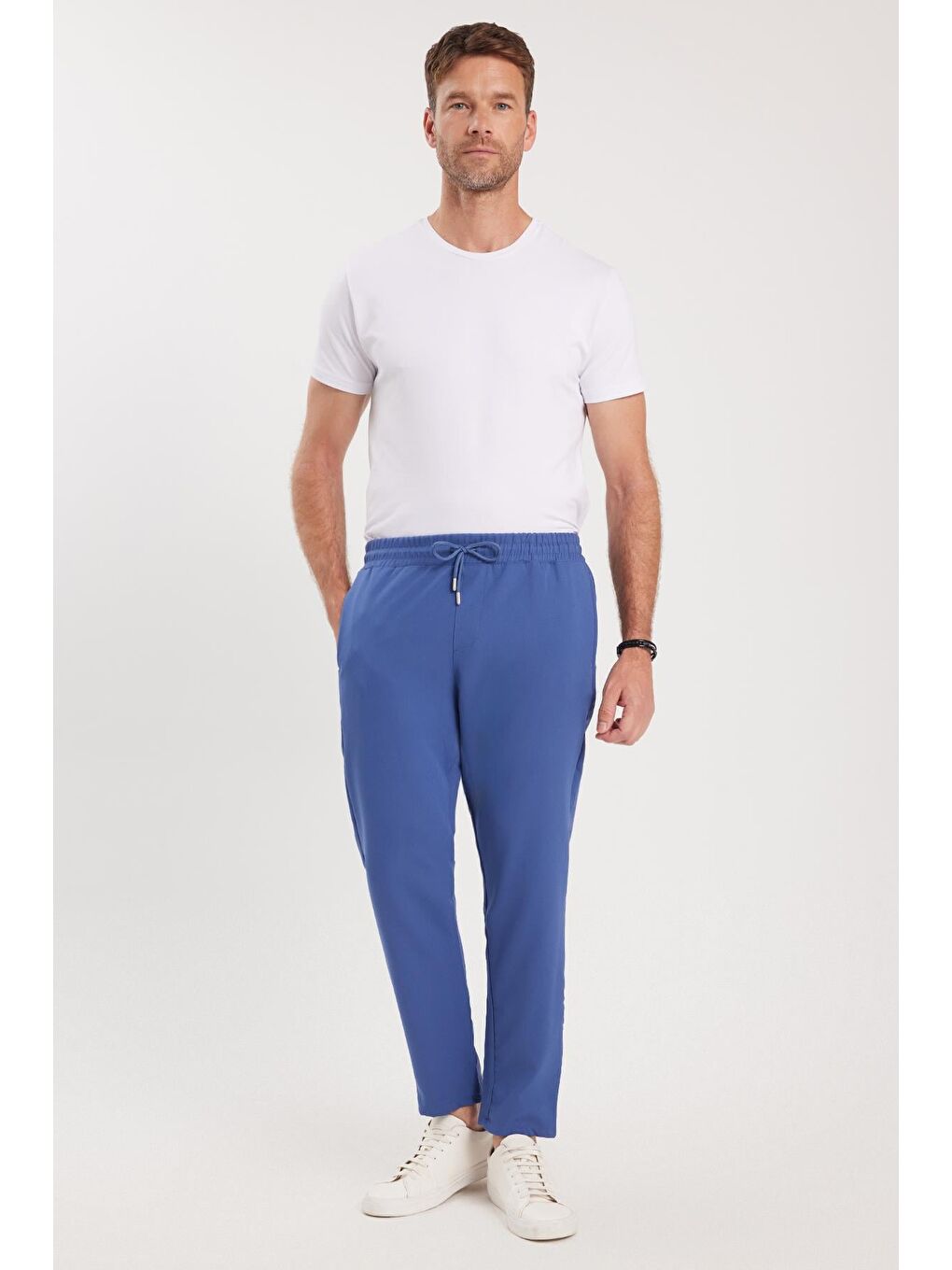 Erkek Regular Fit Beli Lastikli Bağcıklı Jogger İndigo Pantolon Rahat Kesim Yan Cepli-3