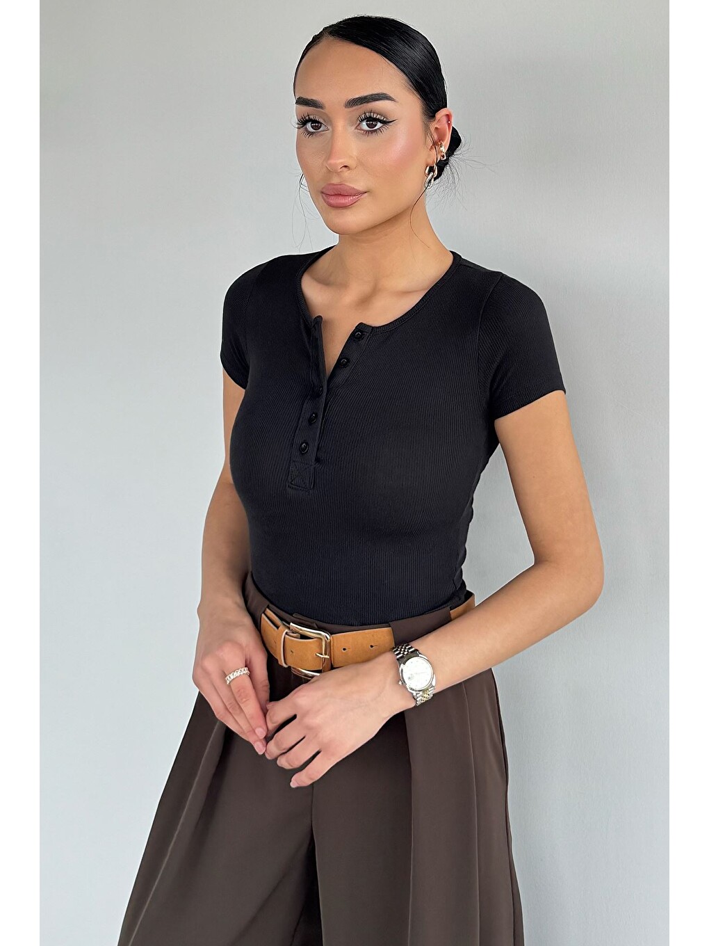 Siyah Kadın Düğmeli Kaşkorse Bluz-3