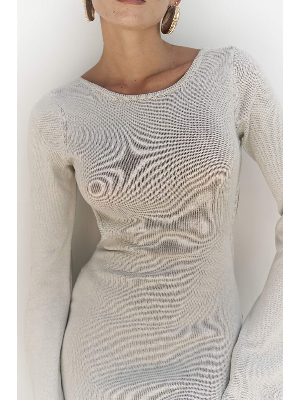 Bej Nadias Pencere Detay Taş Triko Uzun Elbise-6