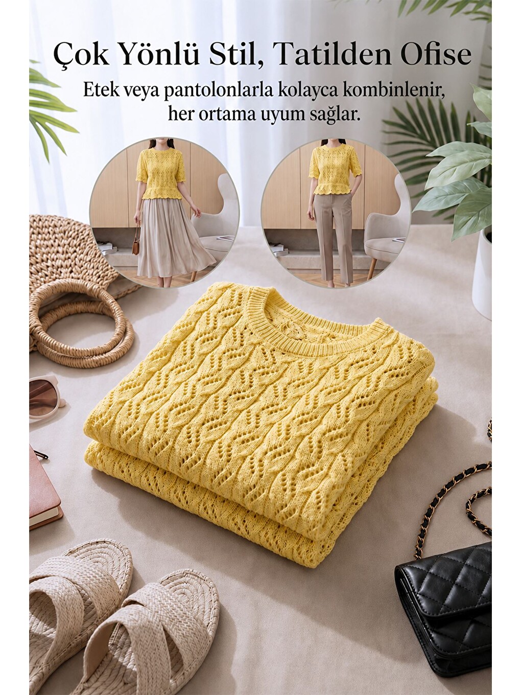 Sarı Kendinden Desenli Triko Bluz-5