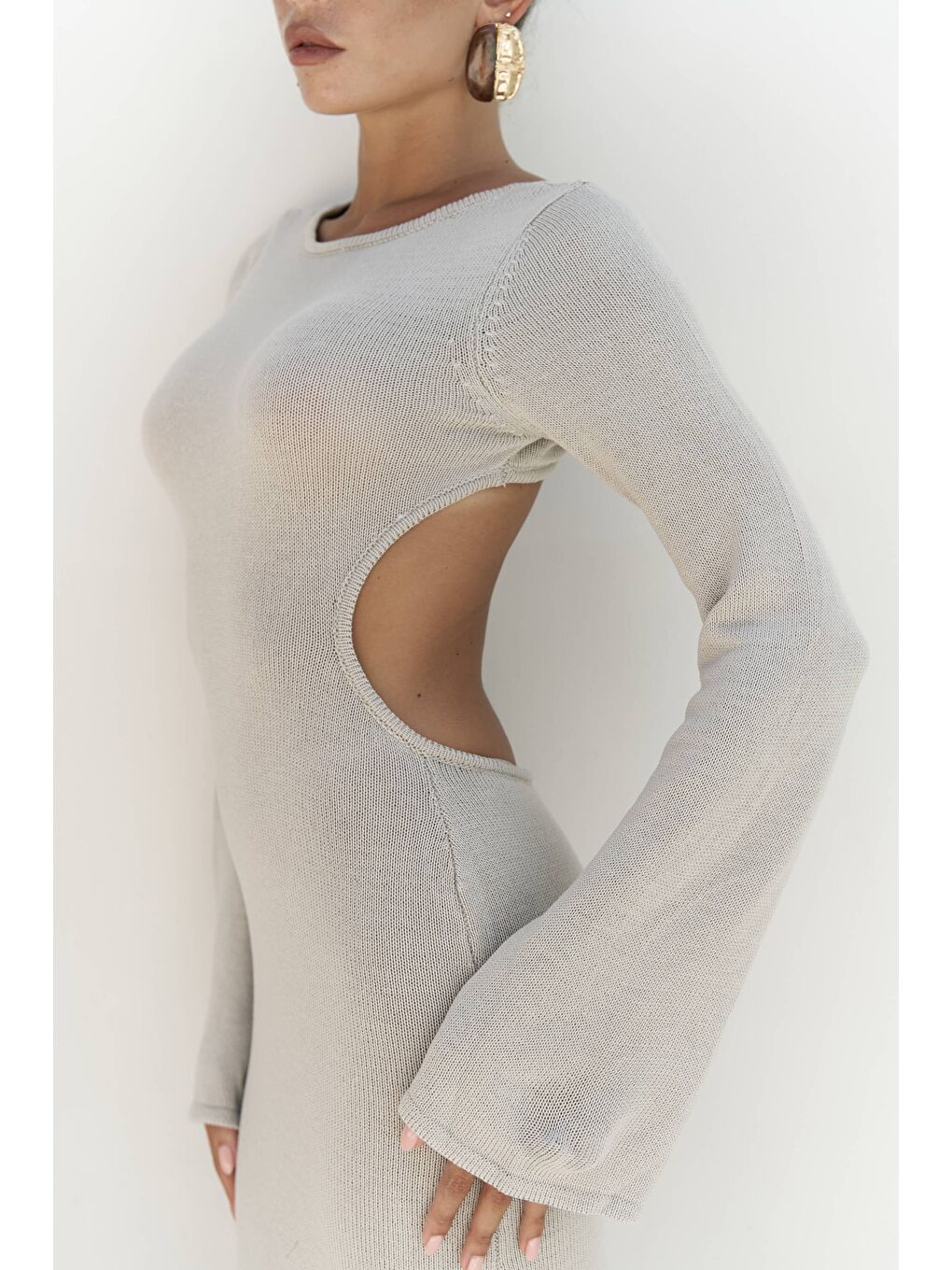 Bej Nadias Pencere Detay Taş Triko Uzun Elbise-7