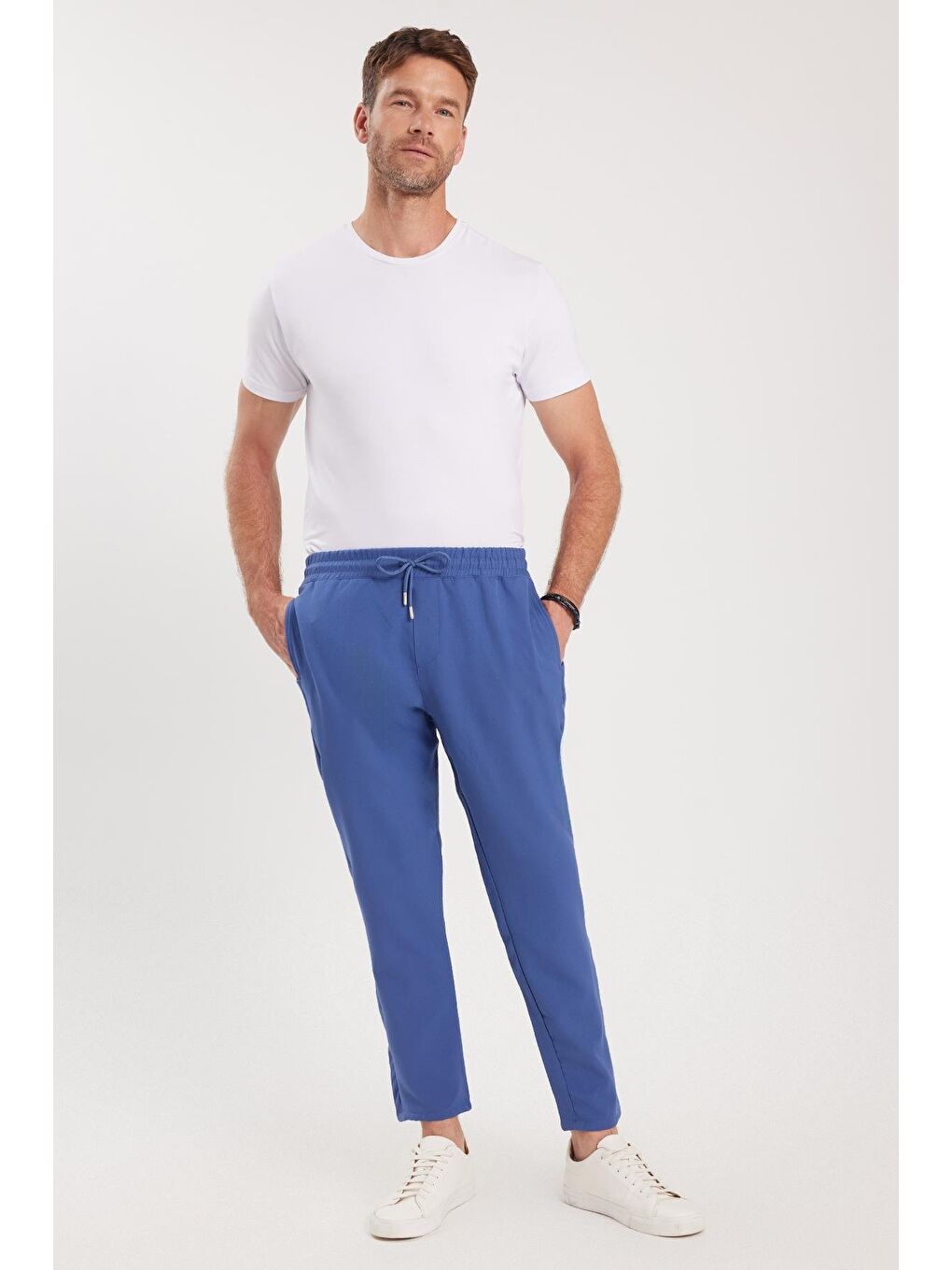 Erkek Regular Fit Beli Lastikli Bağcıklı Jogger İndigo Pantolon Rahat Kesim Yan Cepli-4