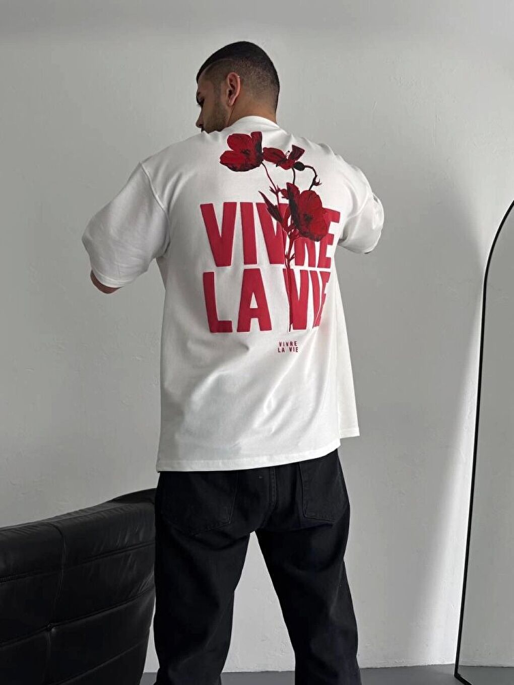 Baskılı Oversize Bisiklet Yaka T-shirt - Beyaz-2