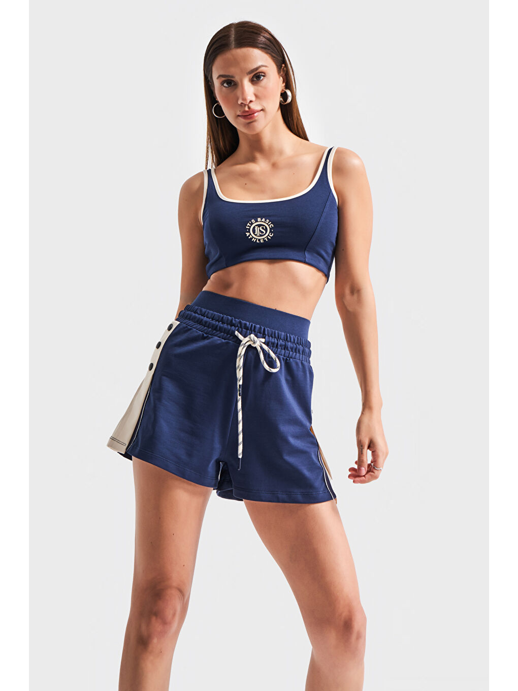 Kadın Koyu Mavi Renk s6-56 Şort Sporcu Braletli T-Shirt 3'lü Takım Kombin-4