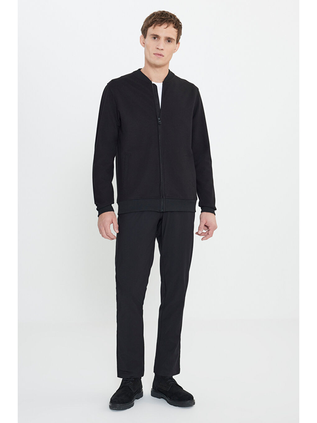 Erkek Siyah %100 Pamuk Standart Fit Normal Kesim Kolej Yaka Cepli Sweatshirt-1