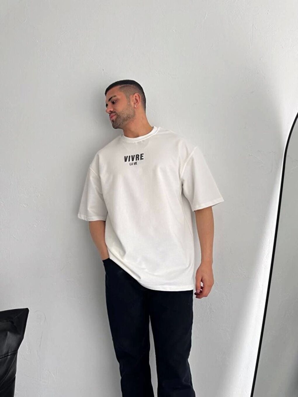 Baskılı Oversize Bisiklet Yaka T-shirt - Beyaz-3