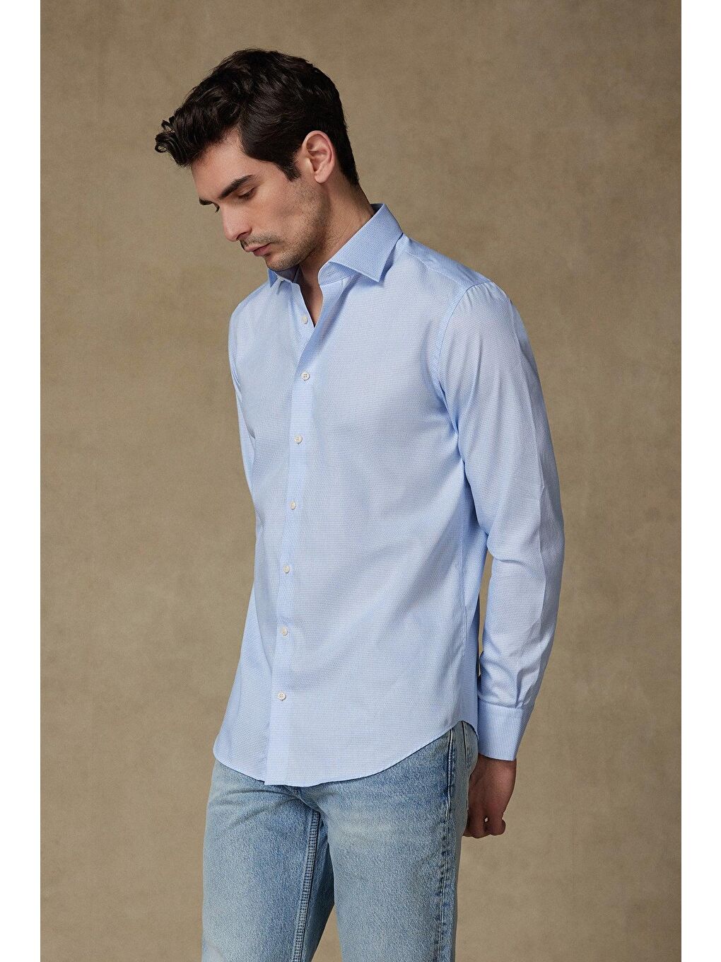 Donatello Armür Pamuklu Slim Fit Açık Mavi Klasik Yaka Erkek Desenli %100 Pamuk Gömlek