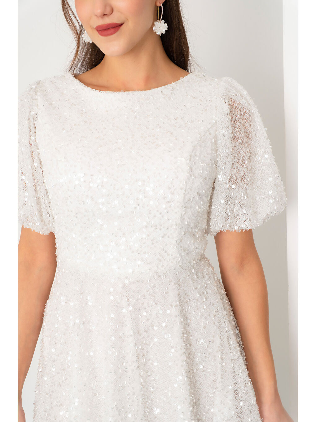 Kadın Beyaz Balon Kol Pul Payet Midi Abiye Elbise-3