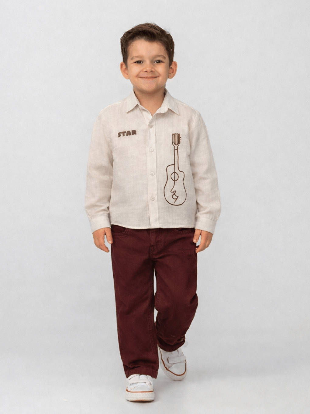 Bej Pamuklu Gömlek Pantolon Erkek Çocuk 2li Takım-1