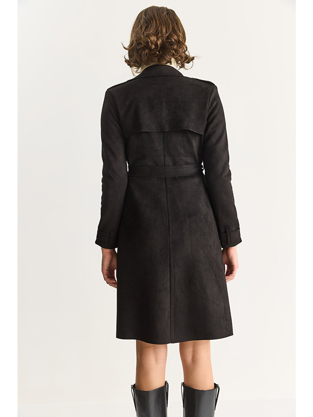 Siyah Kadın Kruvaze Yaka Dökümlü Kuşaklı Süet Trençkot --6