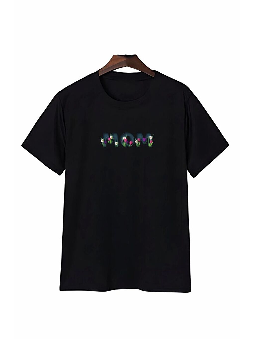 Anneler Gününe Özel Tasarım Mom Çiçek Baskılı T-shirt - Siyah