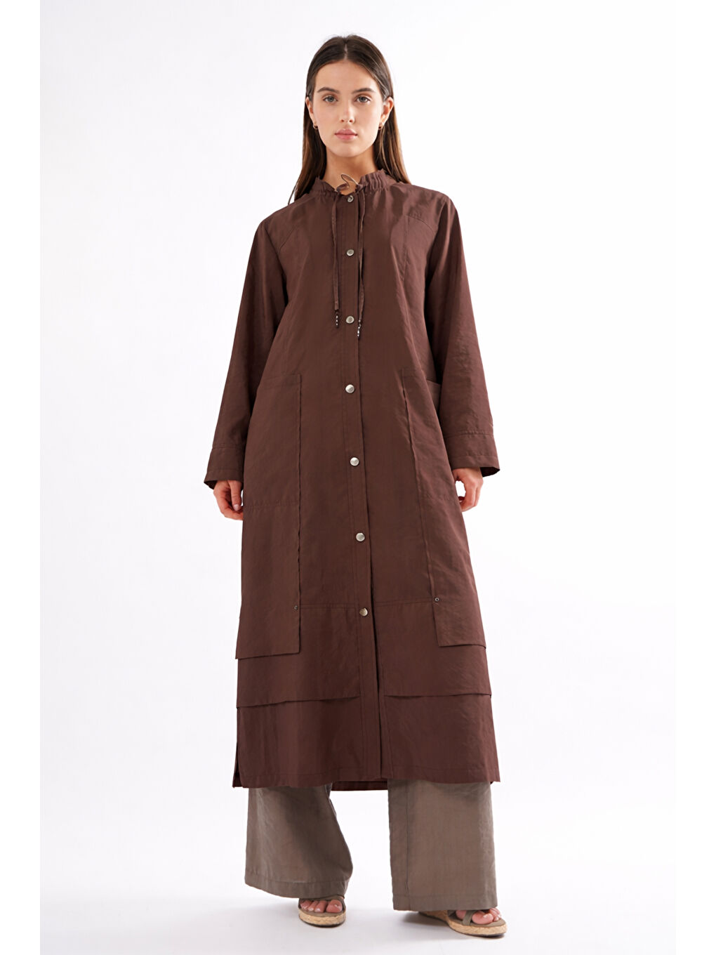 Yakası Bağcıklı Önden Çıtçıt Detay Safari Kap Ceket 811 Kahverengi-1