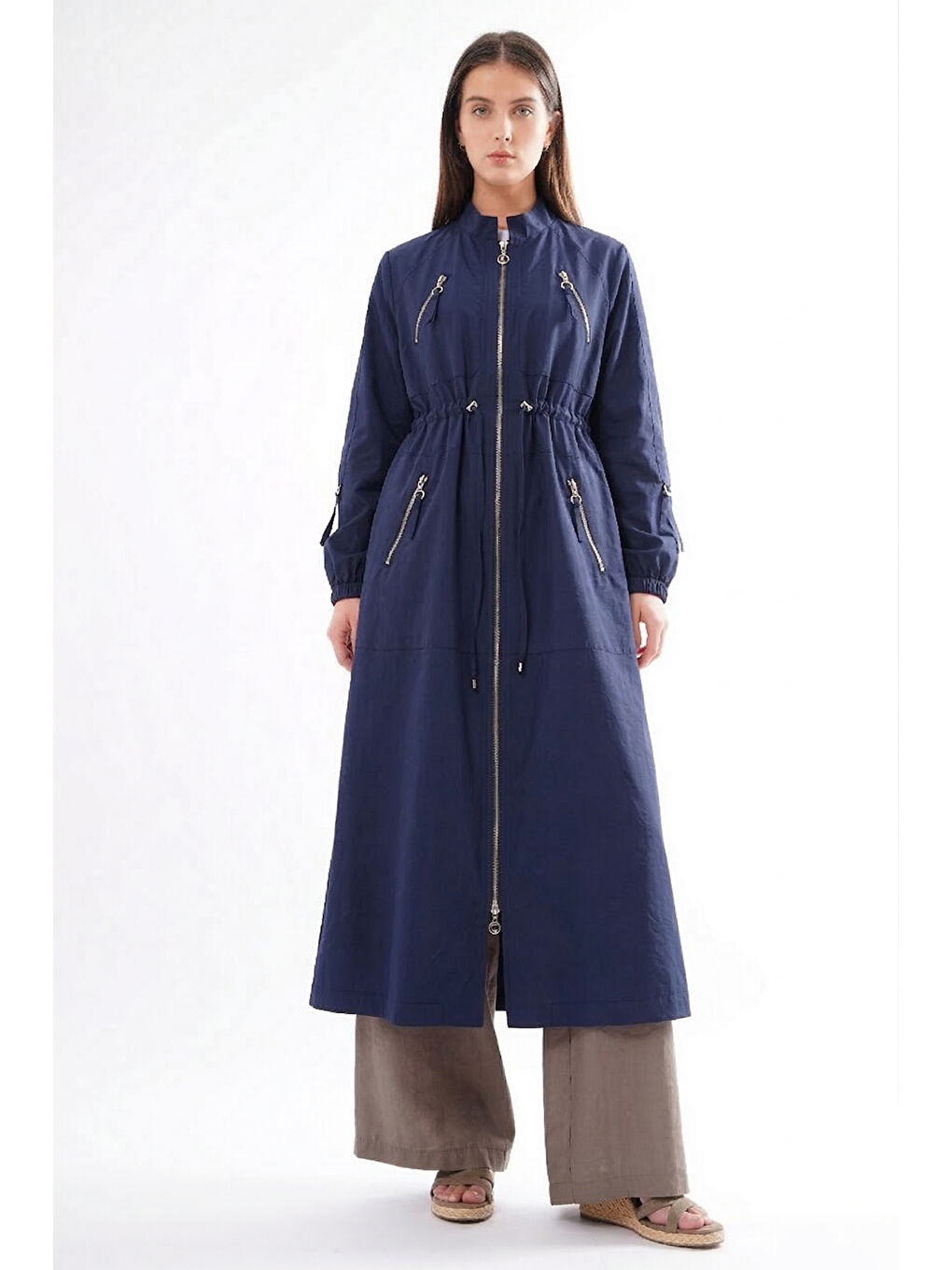 Hakim Yaka Beli Büzgülü Önden Fermuar Detaylı Safari Kap Ceket 822 Lacivert-1