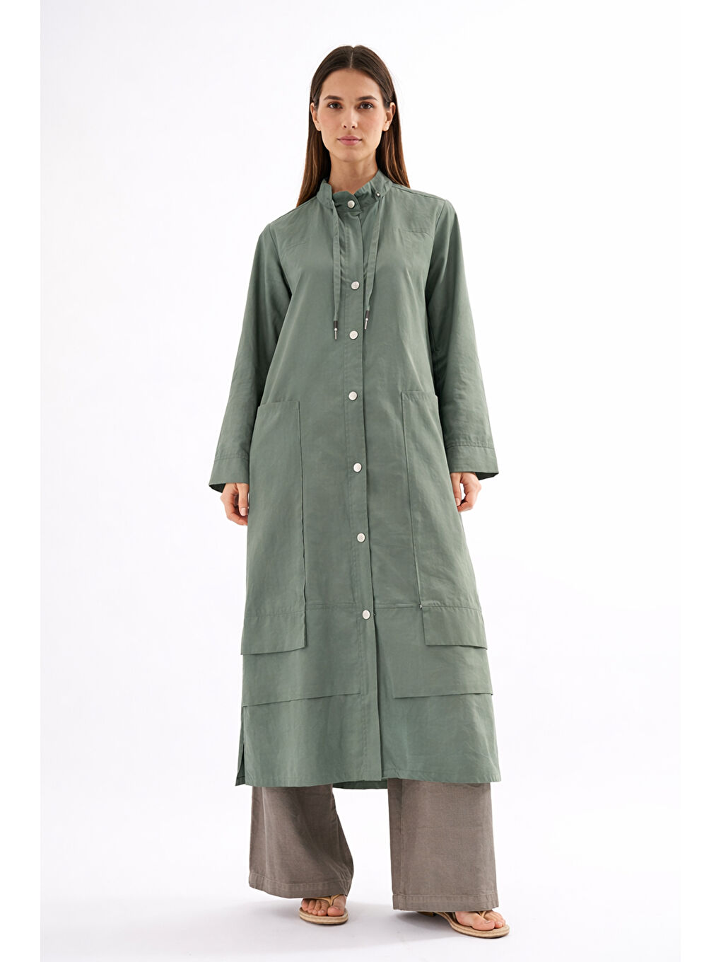 Yakası Bağcıklı Önden Çıtçıt Detay Safari Kap Ceket 811 Yeşil-1