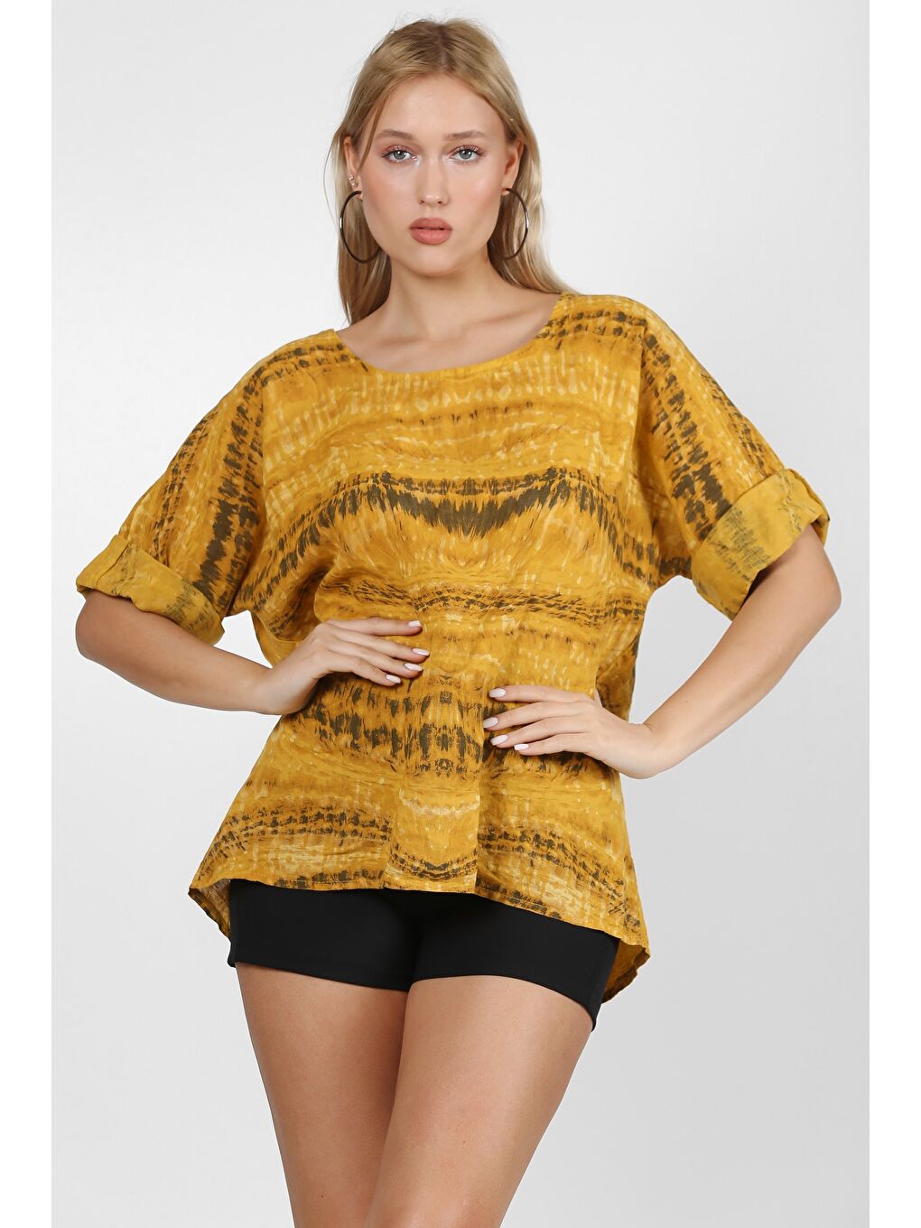 Sarı İtalyan Hardal Yuvarlak Yaka 3/4 Kol Desenli Keten. Örme Bluz-2