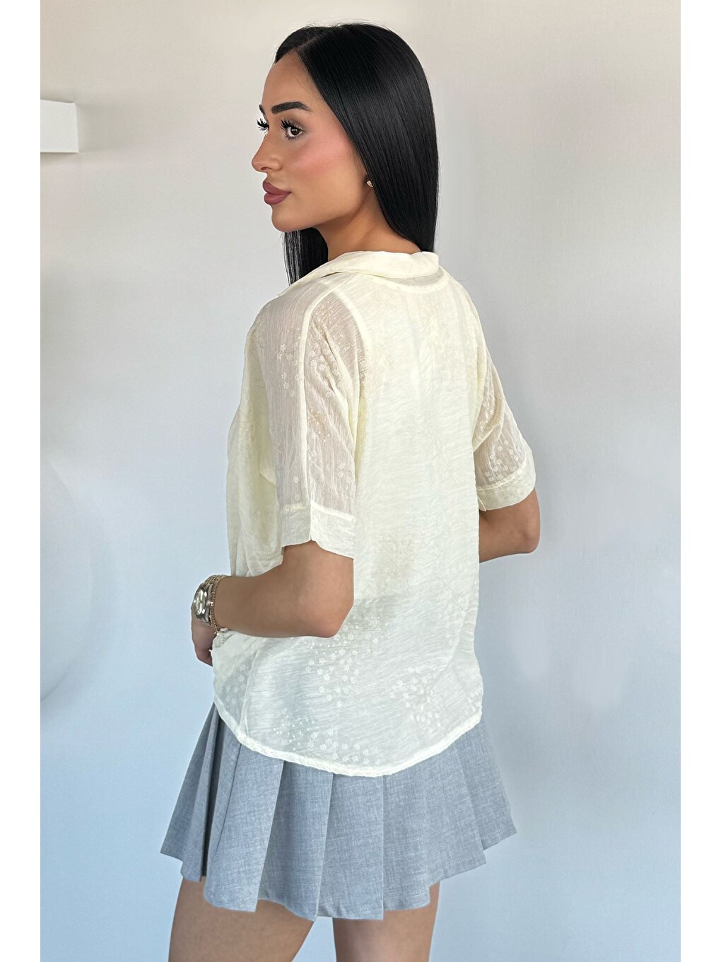 Sarı Kadın Crop Atletli Desenli Bluz-3