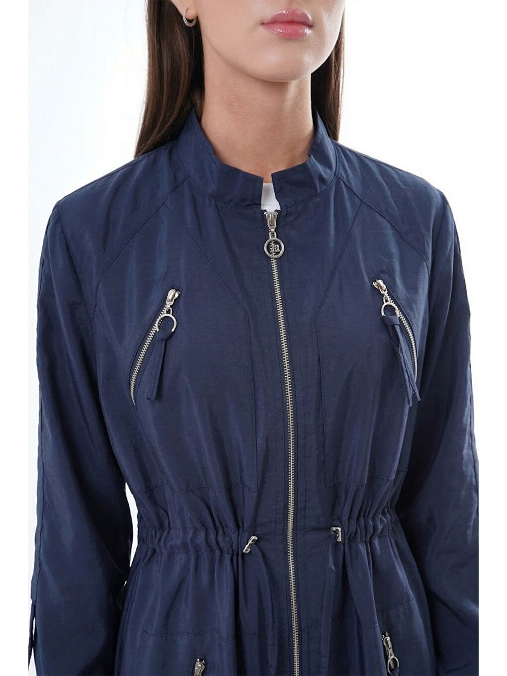 Hakim Yaka Beli Büzgülü Önden Fermuar Detaylı Safari Kap Ceket 822 Lacivert-2