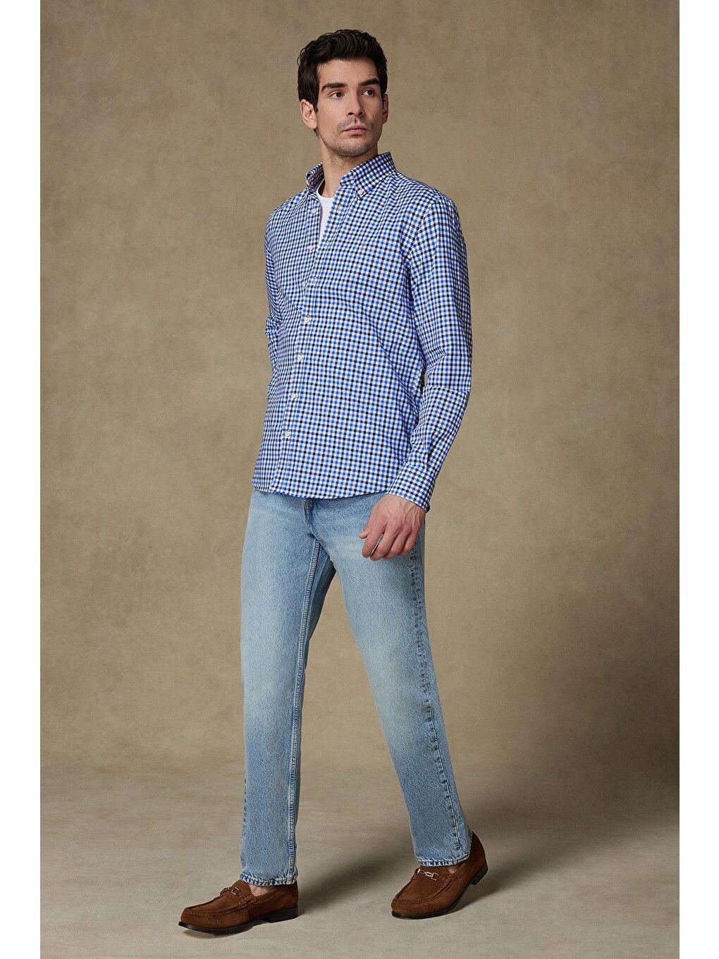 Dante Poplin Pamuklu Comfort Fit Koyu Mavi Düğmeli Yaka Erkek Kareli %100 Pamuk Gömlek-2