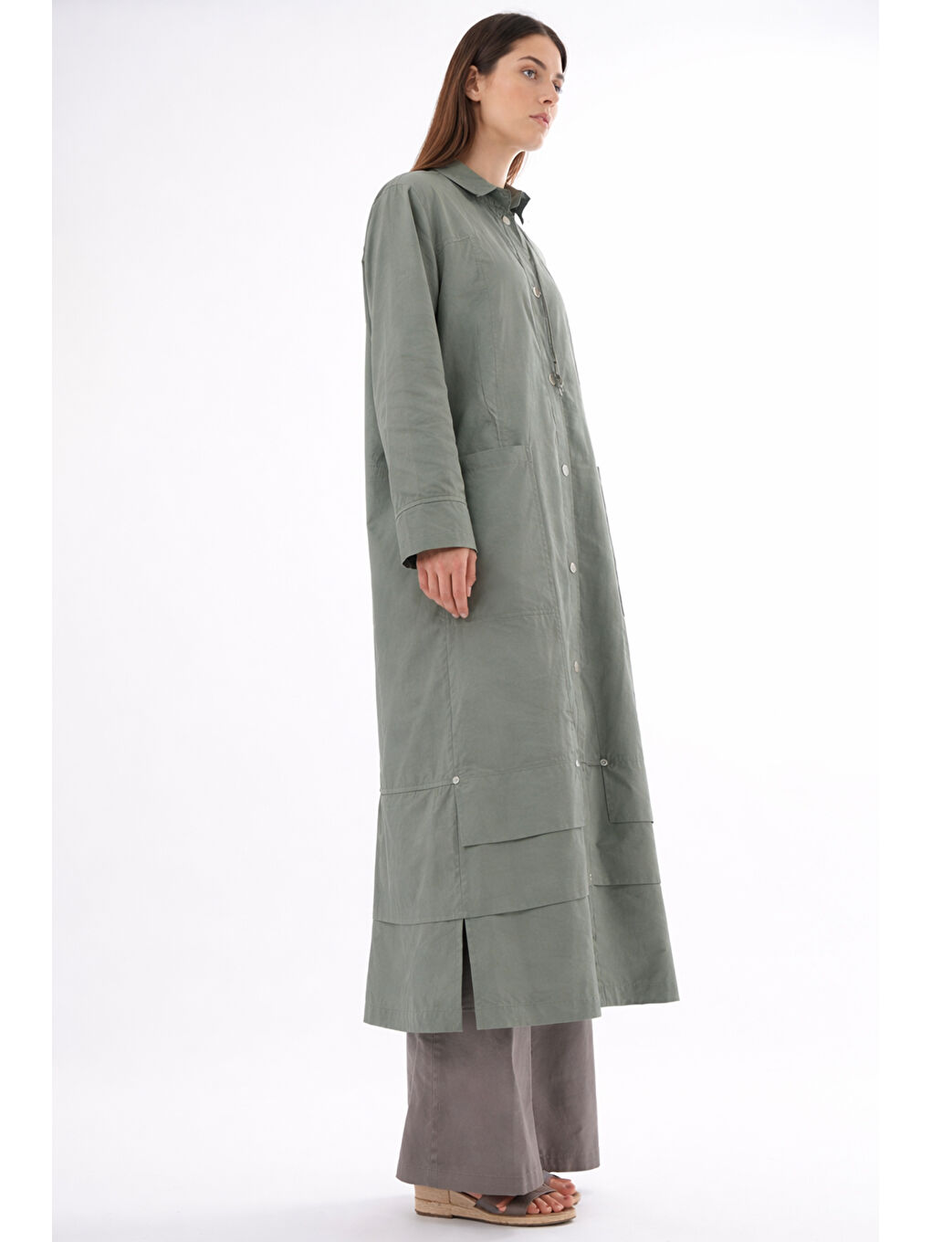 Yakası Bağcıklı Önden Çıtçıt Detay Safari Kap Ceket 811 Yeşil-2