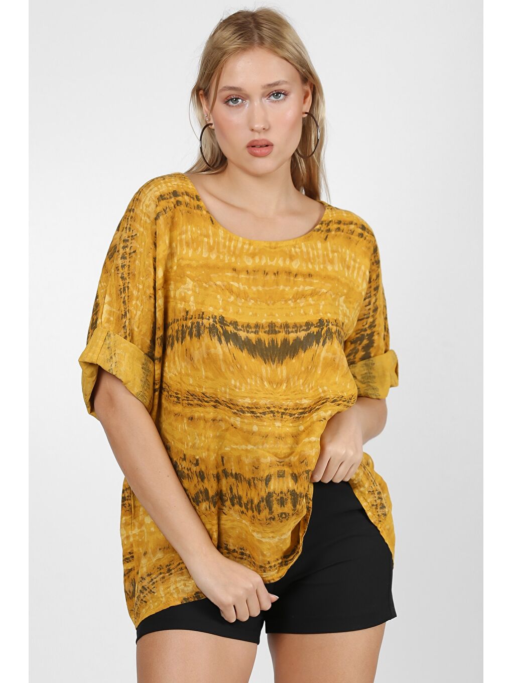 Sarı İtalyan Hardal Yuvarlak Yaka 3/4 Kol Desenli Keten. Örme Bluz-3