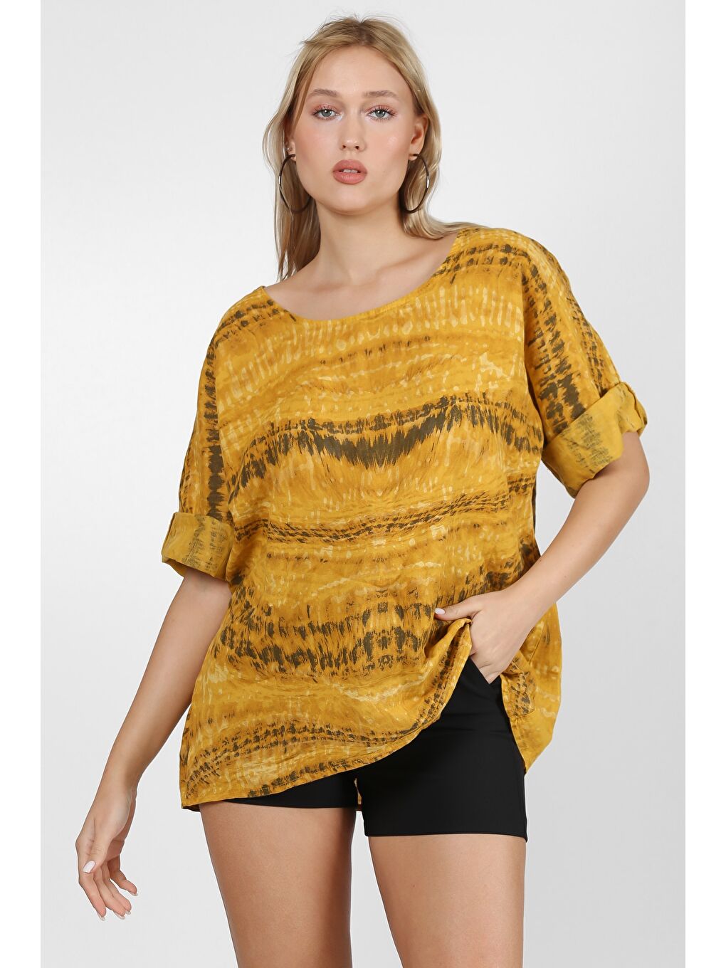 Sarı İtalyan Hardal Yuvarlak Yaka 3/4 Kol Desenli Keten. Örme Bluz-4