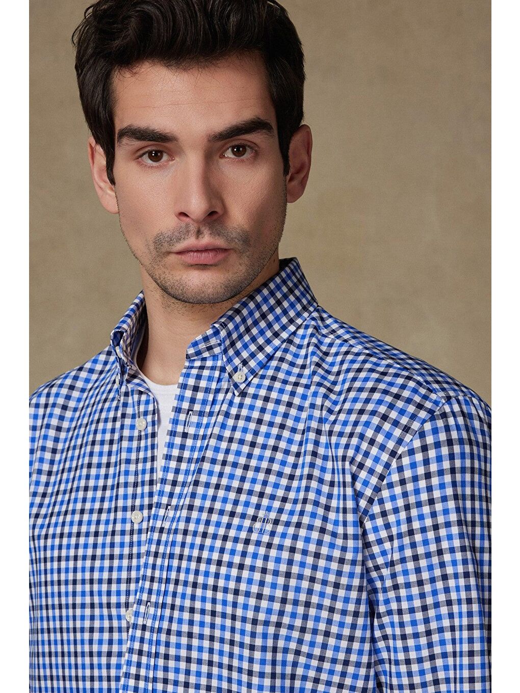 Dante Poplin Pamuklu Comfort Fit Koyu Mavi Düğmeli Yaka Erkek Kareli %100 Pamuk Gömlek-3