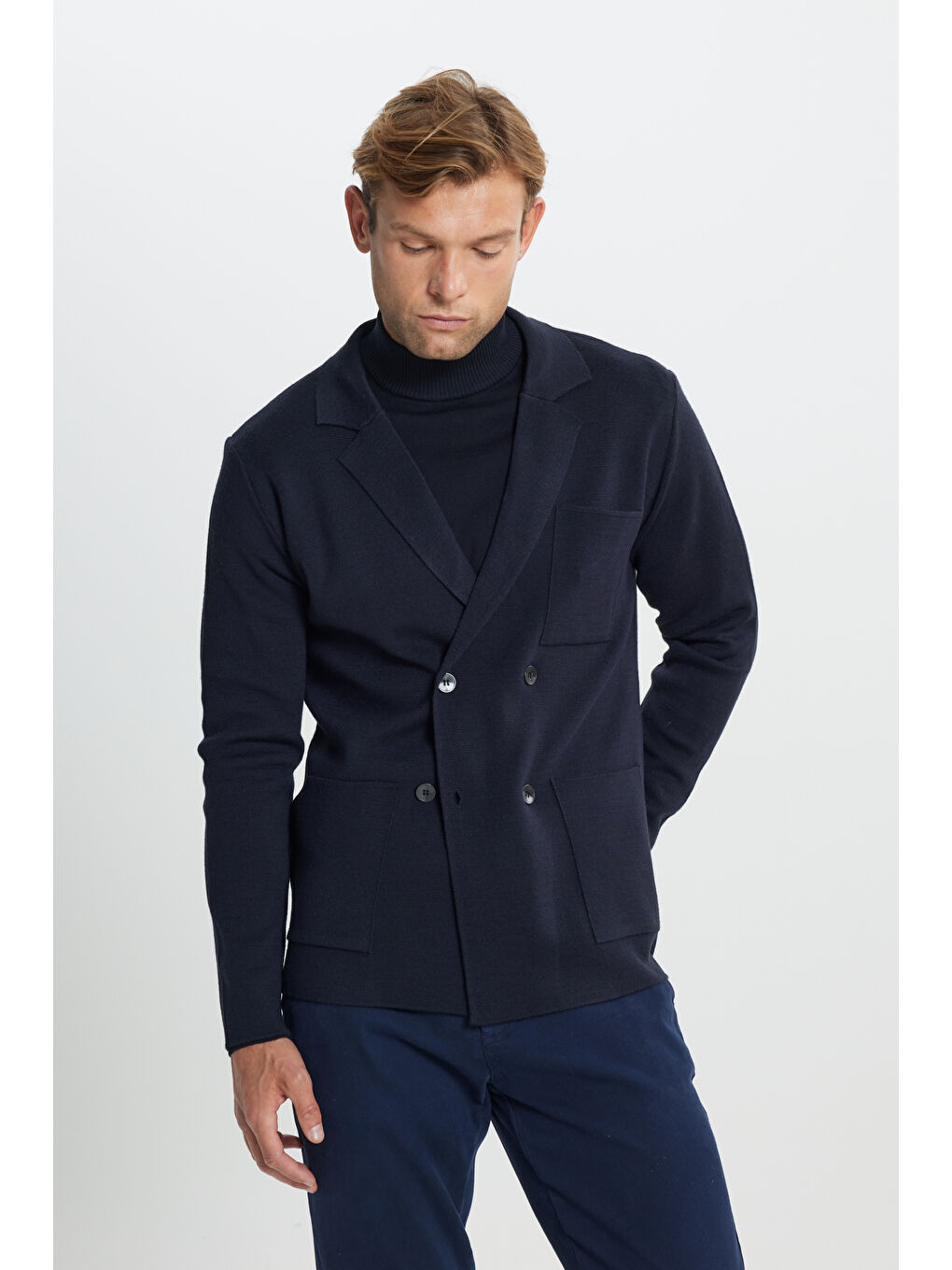 Lacivert Yünlü Normal Kesim Triko Ceket-2
