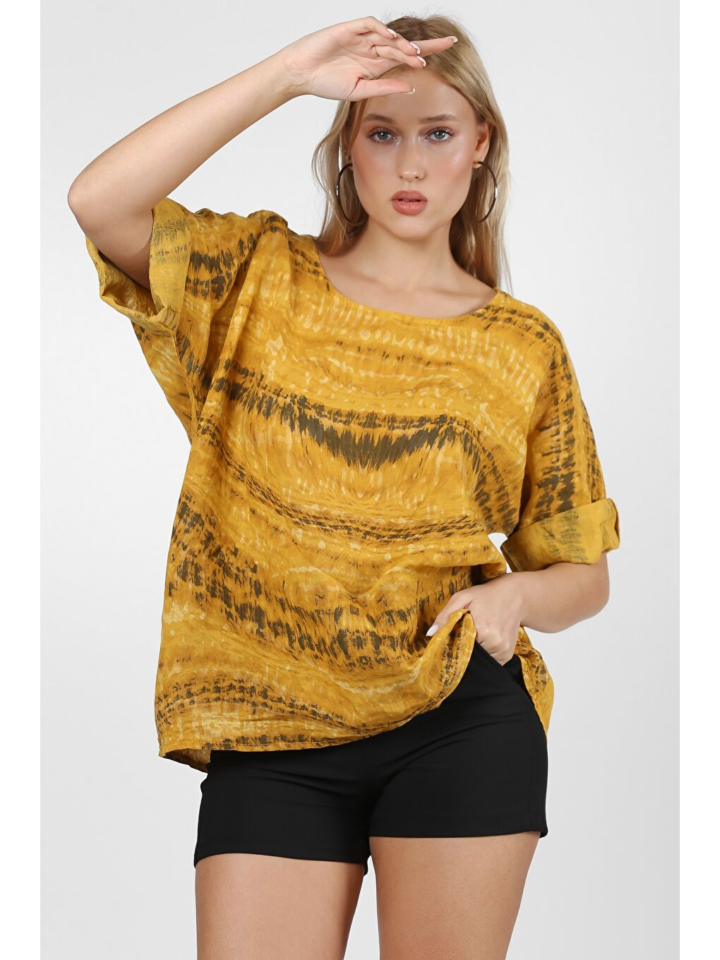 Sarı İtalyan Hardal Yuvarlak Yaka 3/4 Kol Desenli Keten. Örme Bluz-5