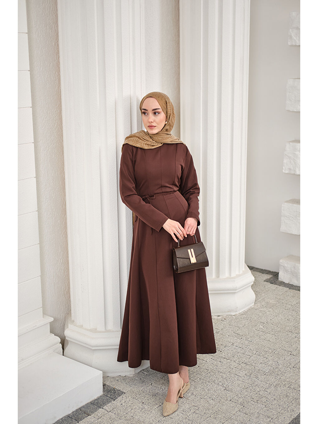 Kadın Parçalı Bel Bağlamalı Elbise Kahverengi-1