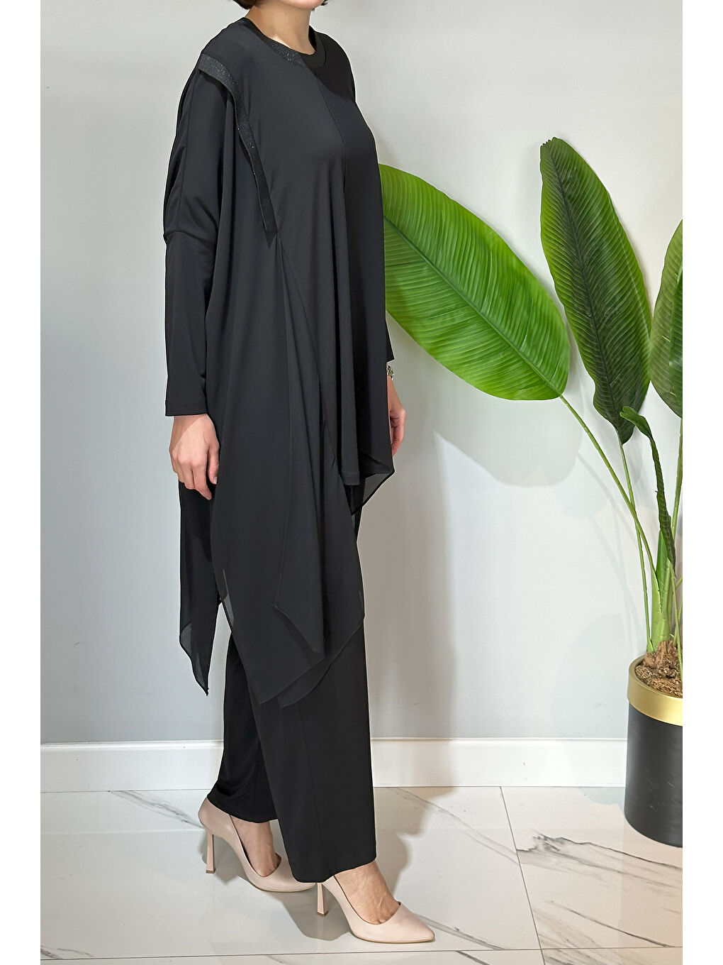 Tül Detaylı Pantolonlu Takım 3002 Siyah-1