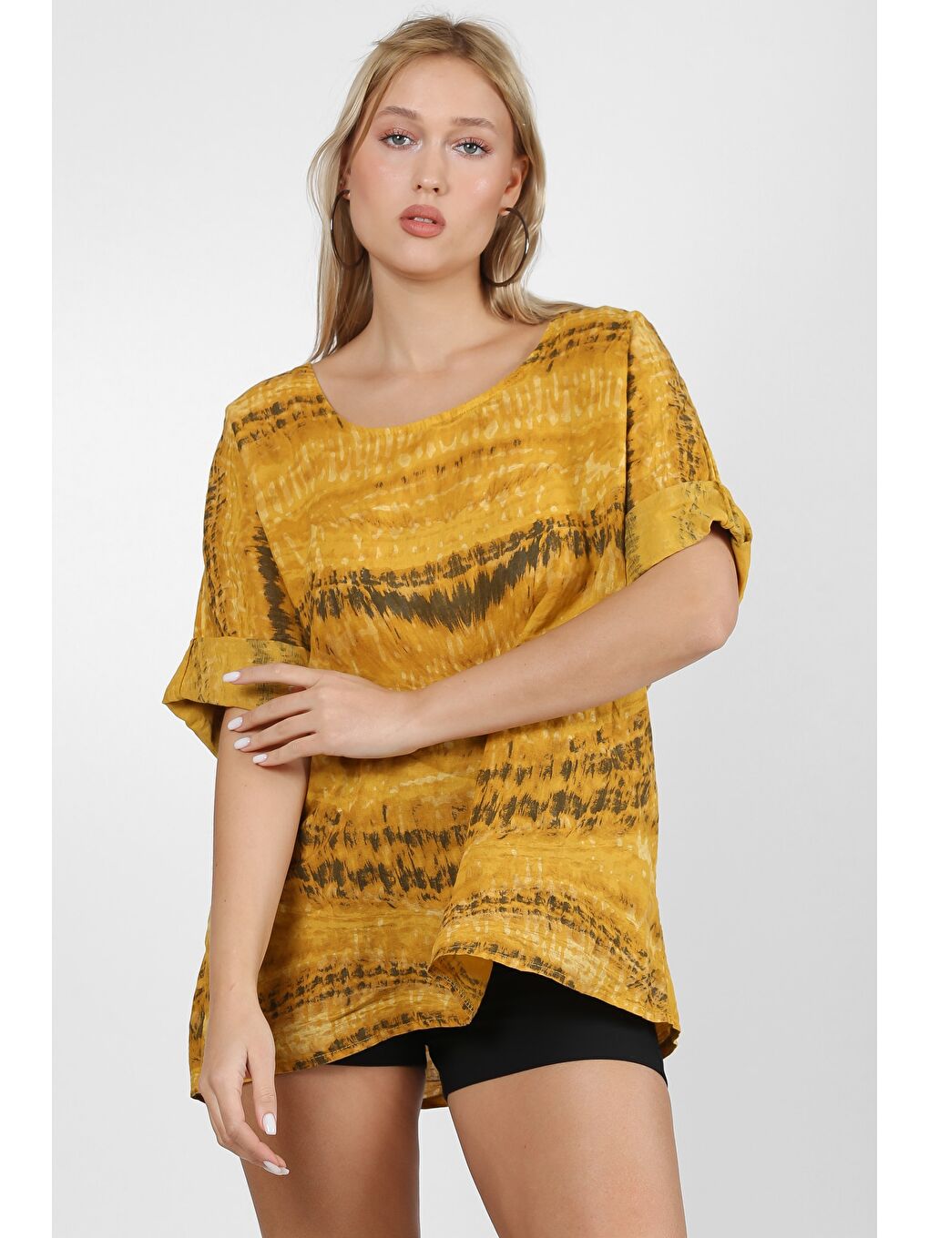 Sarı İtalyan Hardal Yuvarlak Yaka 3/4 Kol Desenli Keten. Örme Bluz-6