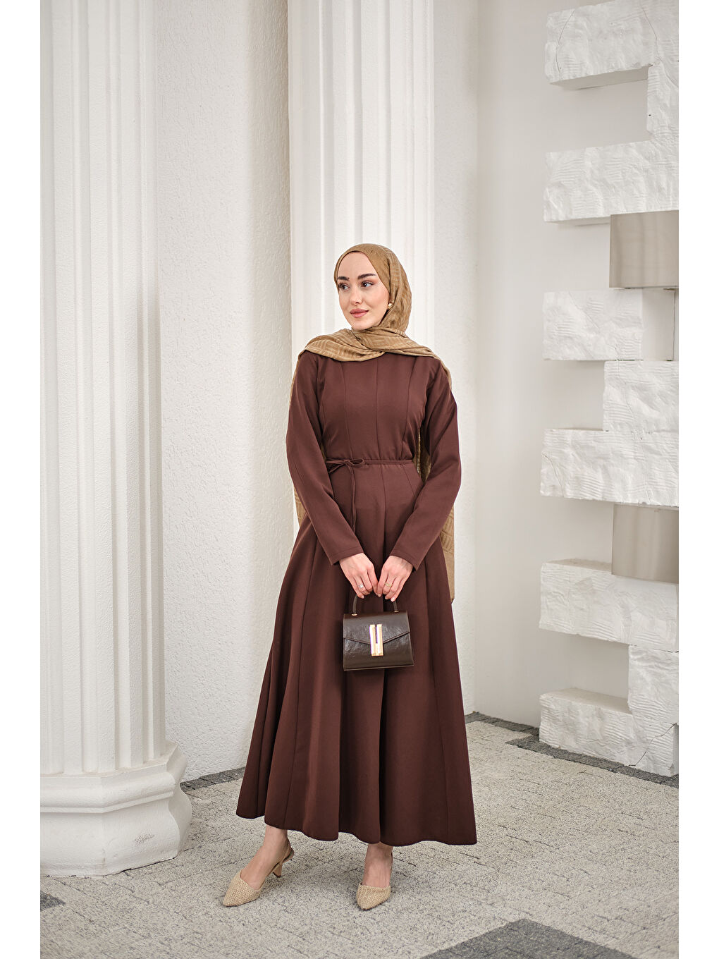 Kadın Parçalı Bel Bağlamalı Elbise Kahverengi-2