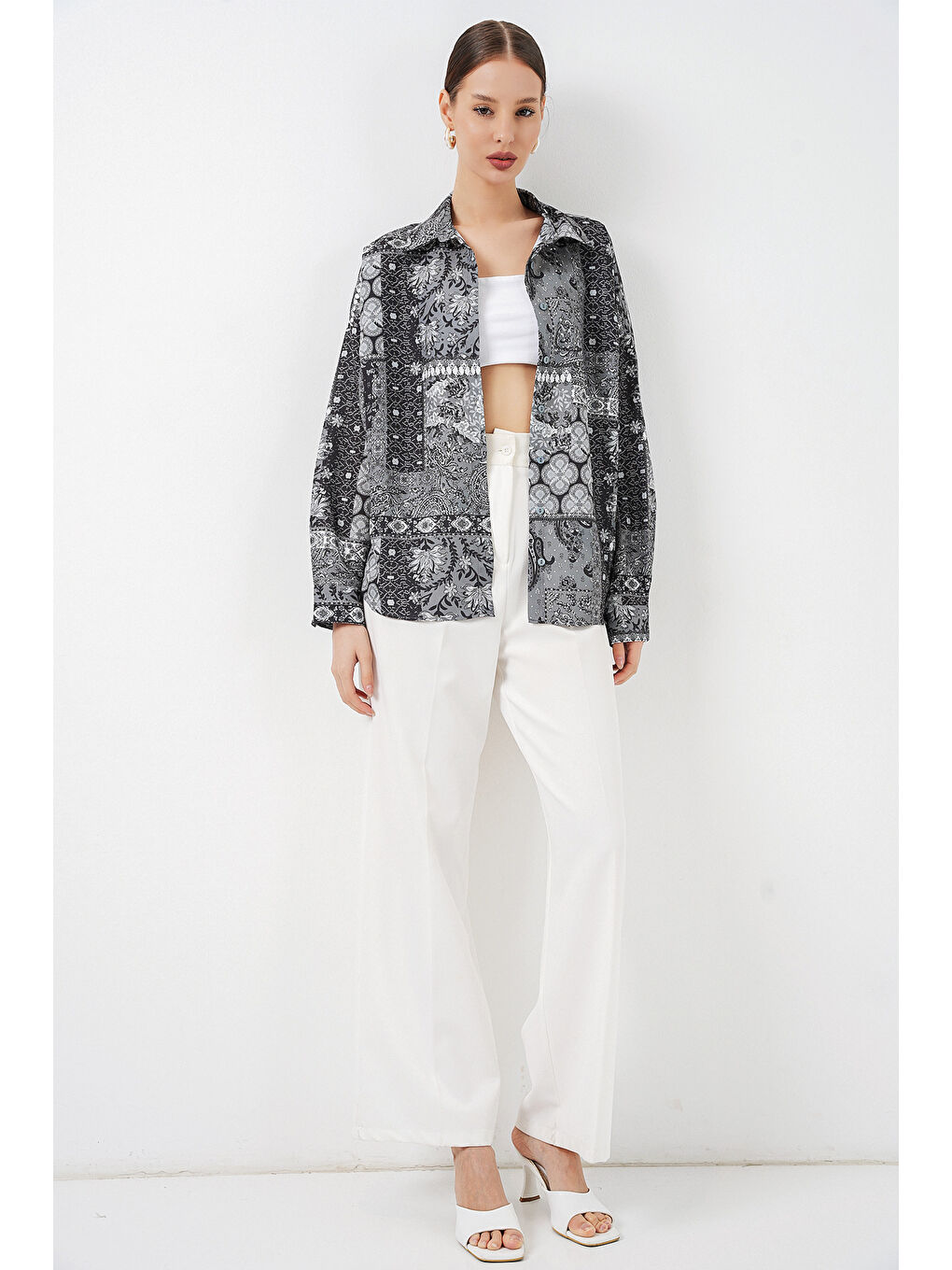 Kadın Oversize Desenli Saten Gömlek 20365 - Antrasit-1