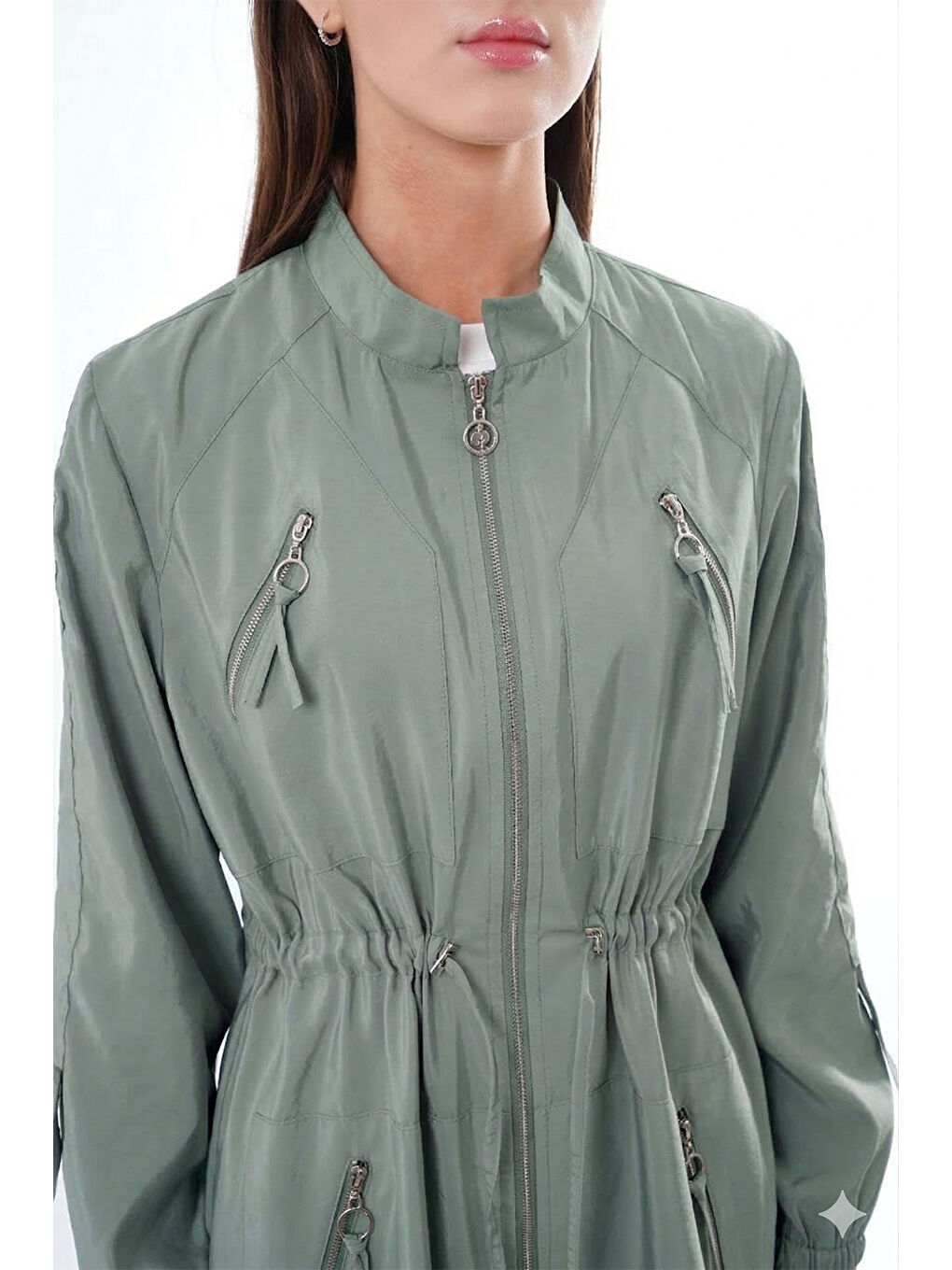 Hakim Yaka Beli Büzgülü Önden Fermuar Detaylı Safari Kap Ceket 822 Yeşil-1