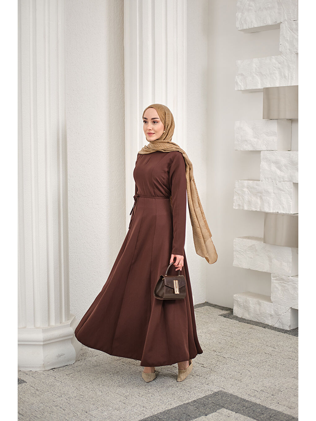 Kadın Parçalı Bel Bağlamalı Elbise Kahverengi-3