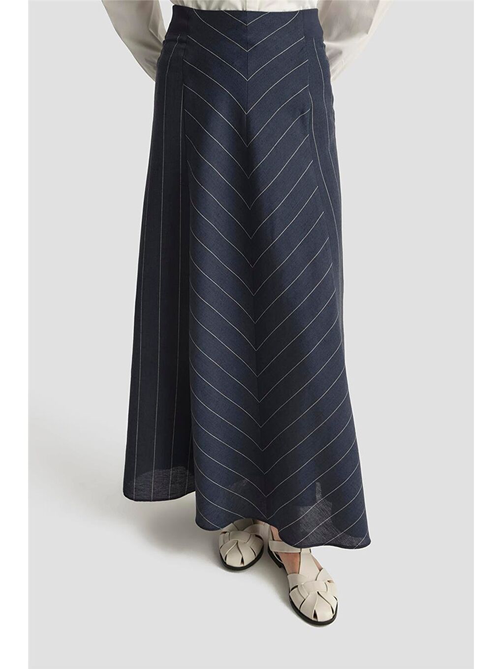 Ribanalı Çizgili Keten Etek 25Y1821 Lacivert-2