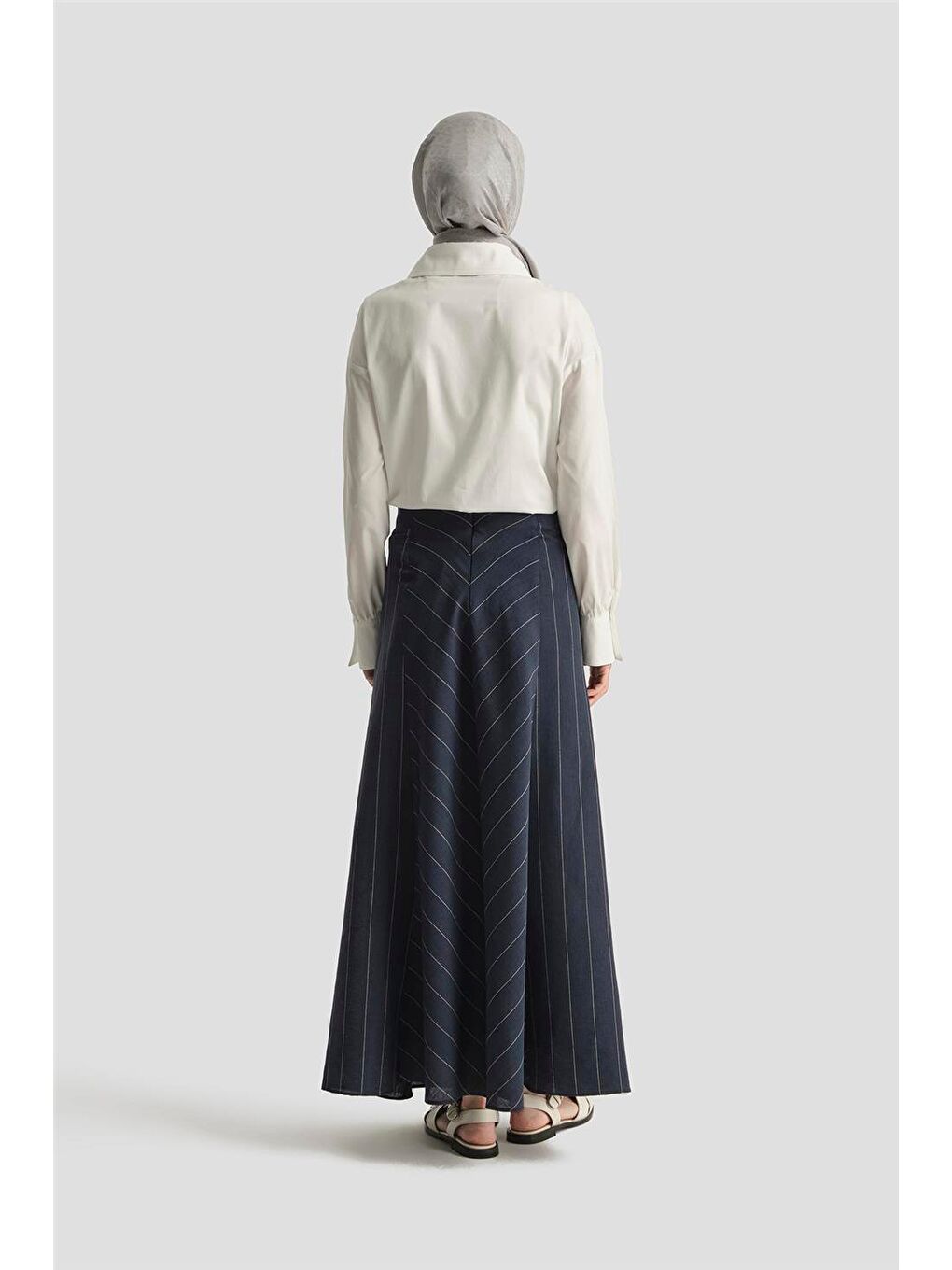 Ribanalı Çizgili Keten Etek 25Y1821 Lacivert-3