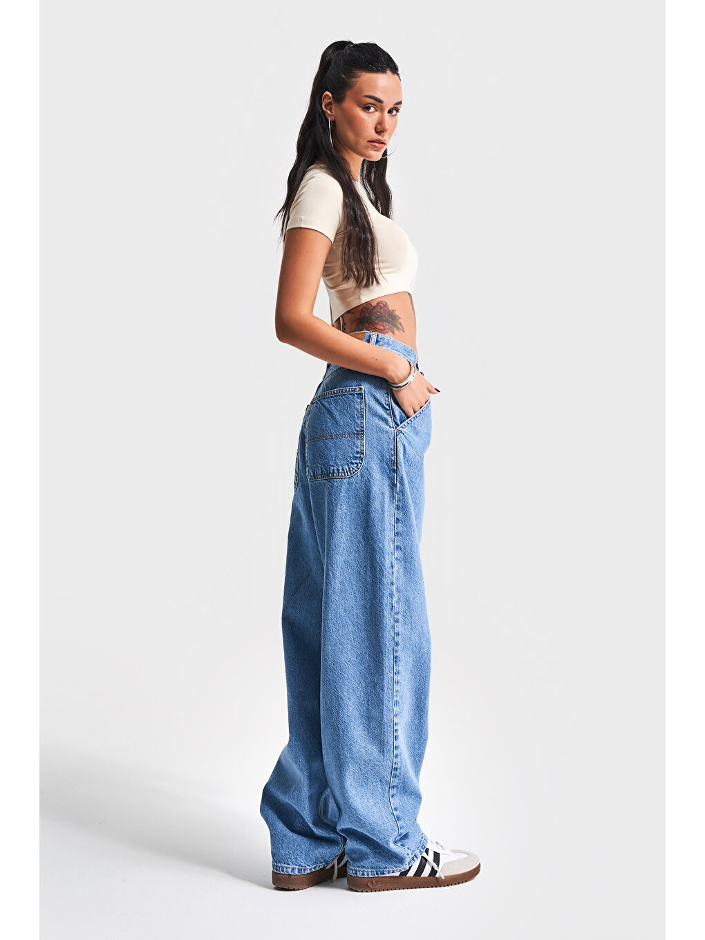 Kadın Mavi Renk Juniper 1S5-4 Skater Fit %100 Pamuk Bol Kesim Denim Jean-5