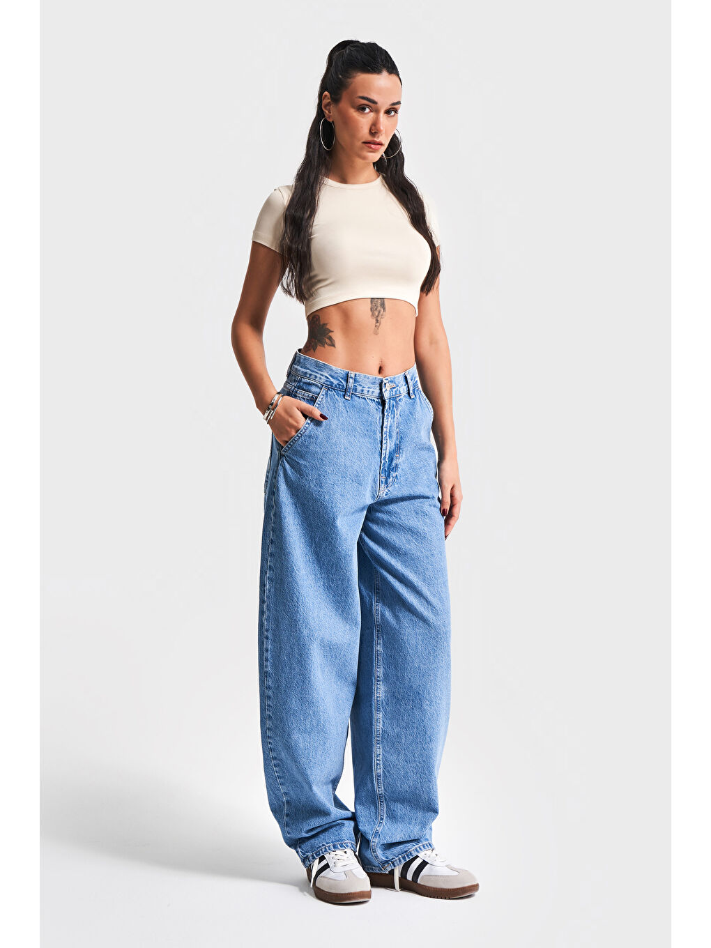 Kadın Mavi Renk Juniper 1S5-4 Skater Fit %100 Pamuk Bol Kesim Denim Jean-6