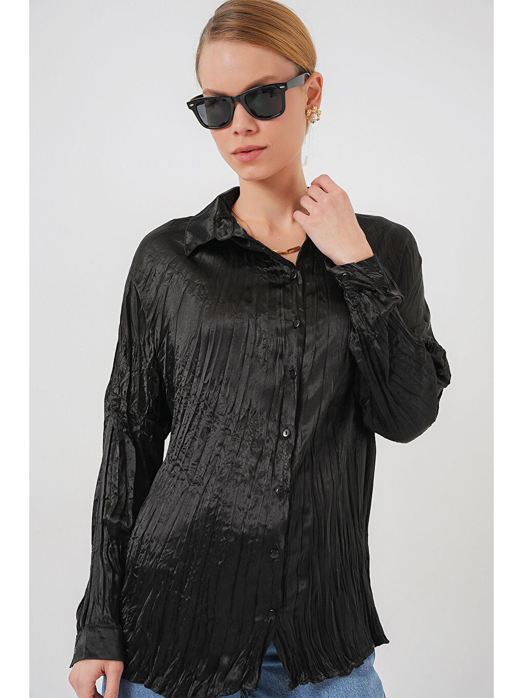 Kadın Kırışık Saten Gömlek 20316 - Siyah-2