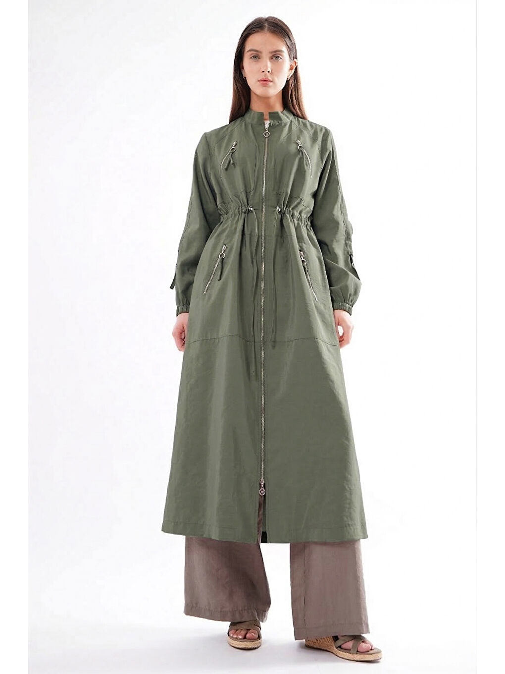 Hakim Yaka Beli Büzgülü Önden Fermuar Detaylı Safari Kap Ceket 822 Yeşil-2