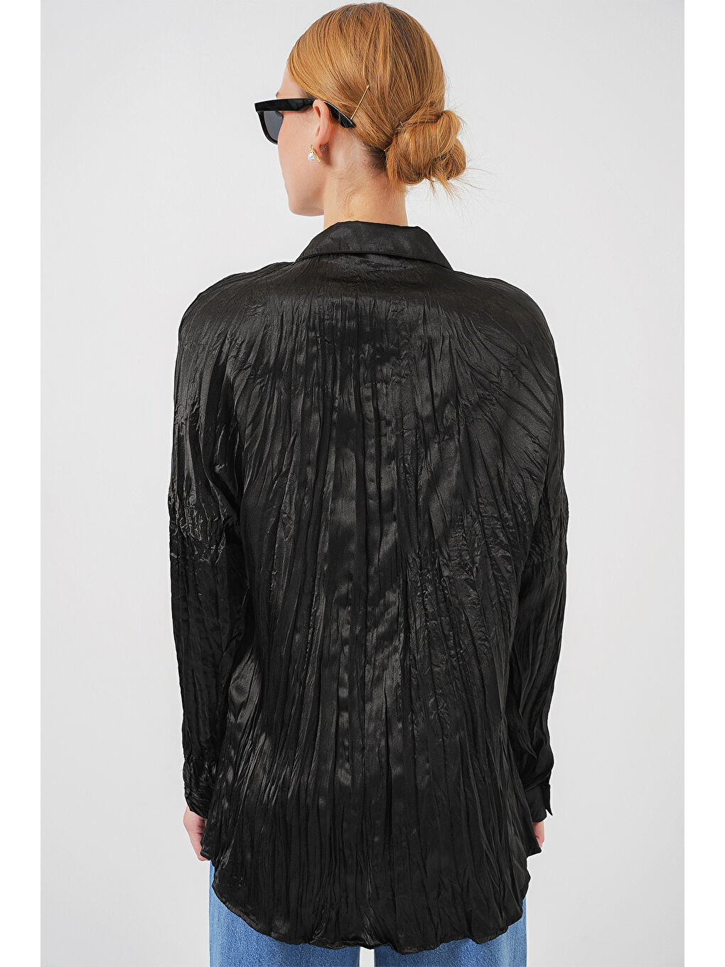 Kadın Kırışık Saten Gömlek 20316 - Siyah-4