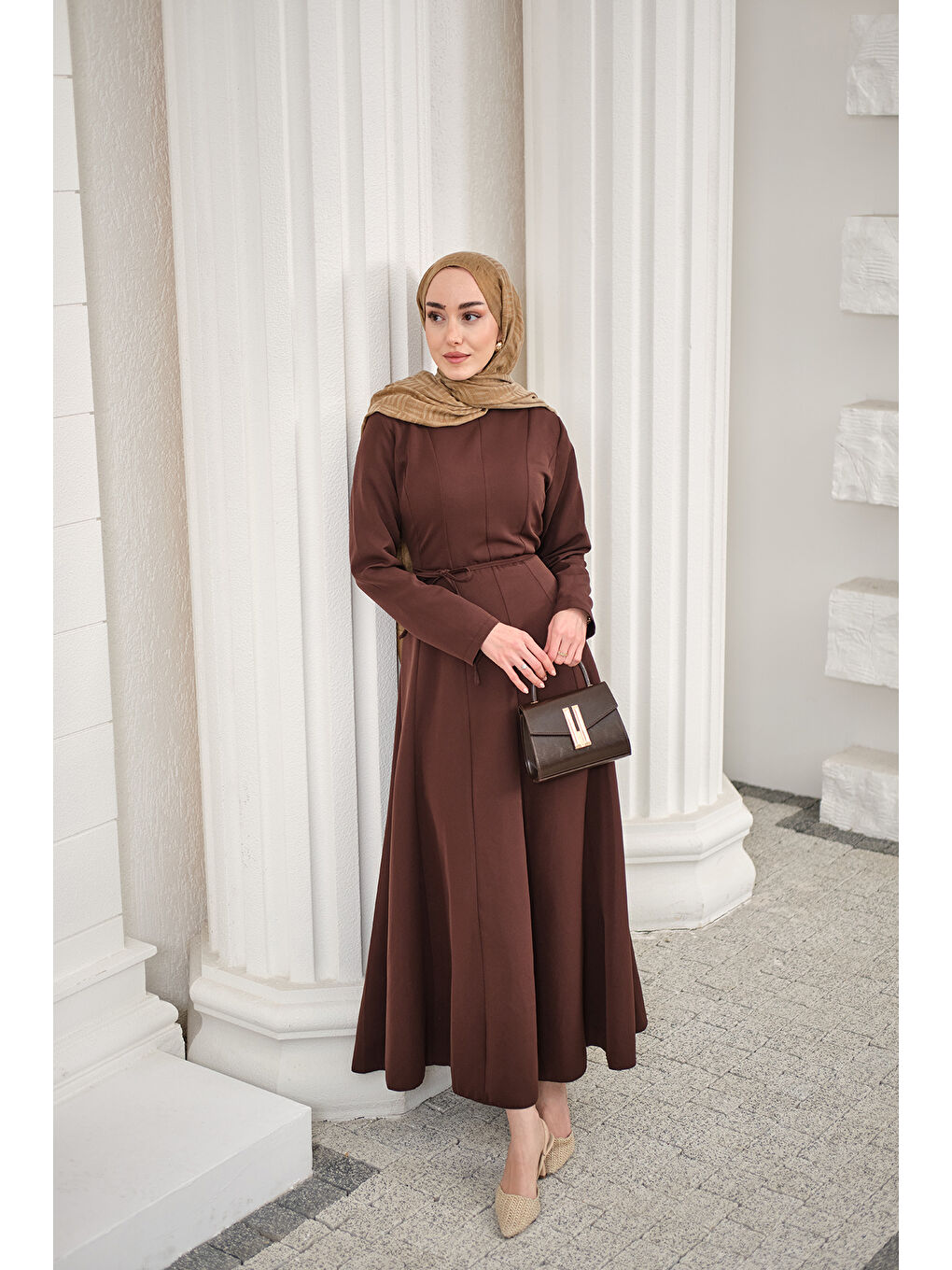 Kadın Parçalı Bel Bağlamalı Elbise Kahverengi-4