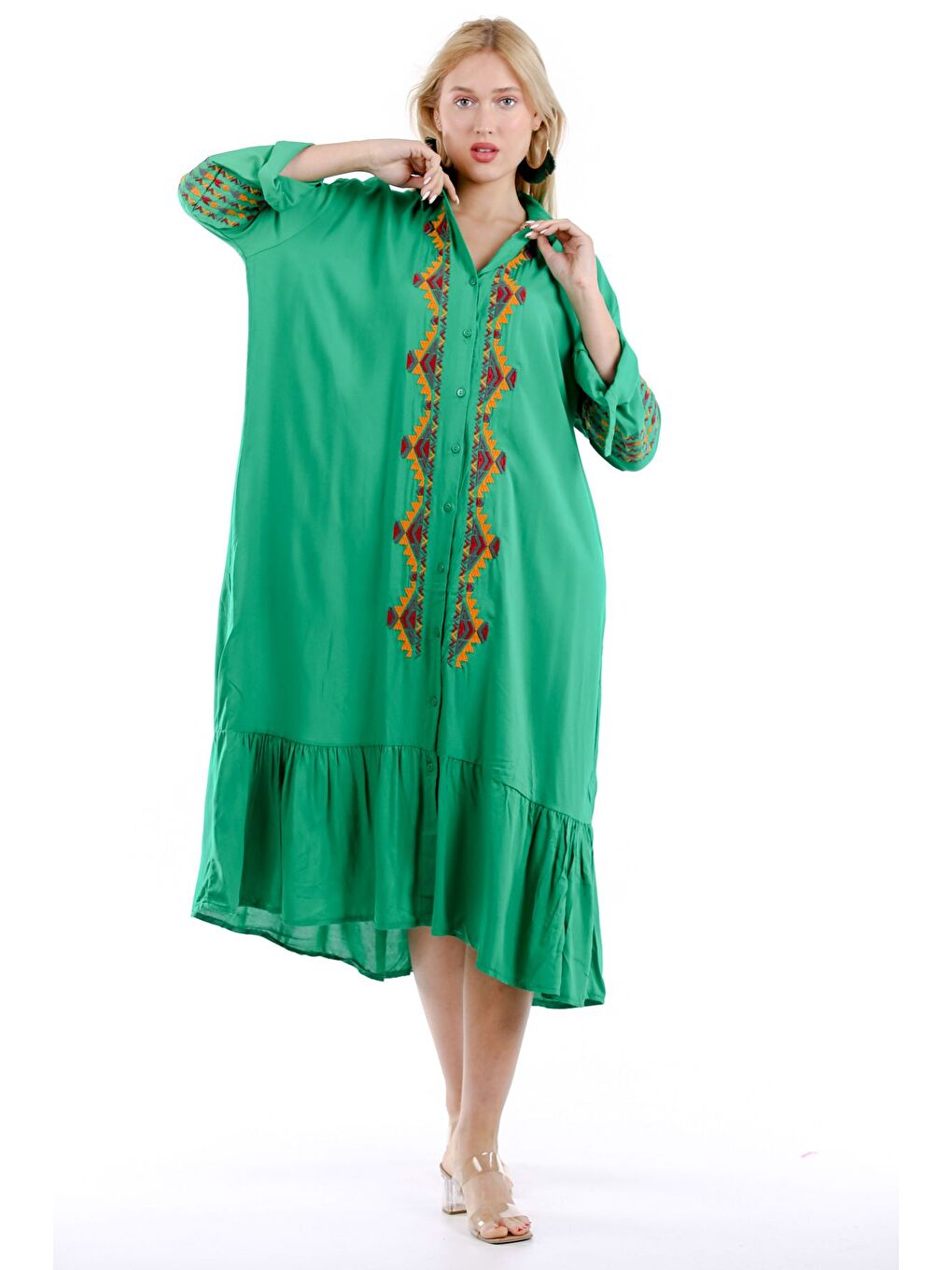 Yeşil Gömlek Yaka Uzun Kol Düğmeli Nakışlı Dokuma Elbise-2