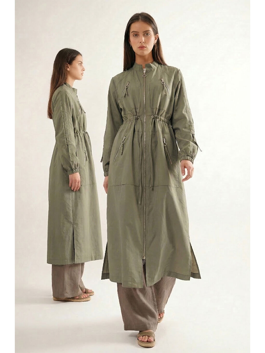 Hakim Yaka Beli Büzgülü Önden Fermuar Detaylı Safari Kap Ceket 822 Yeşil-3